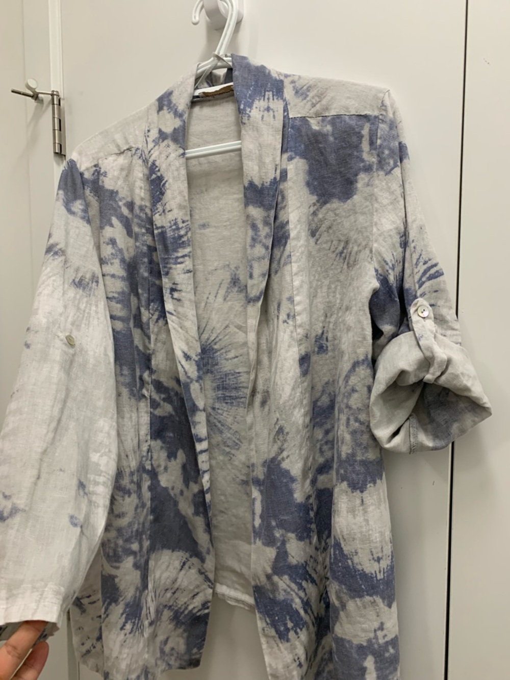 Bellambia Women's Open Front 100% Linen Jacket Blue/White made in Italy size L - Picture 3 of 13